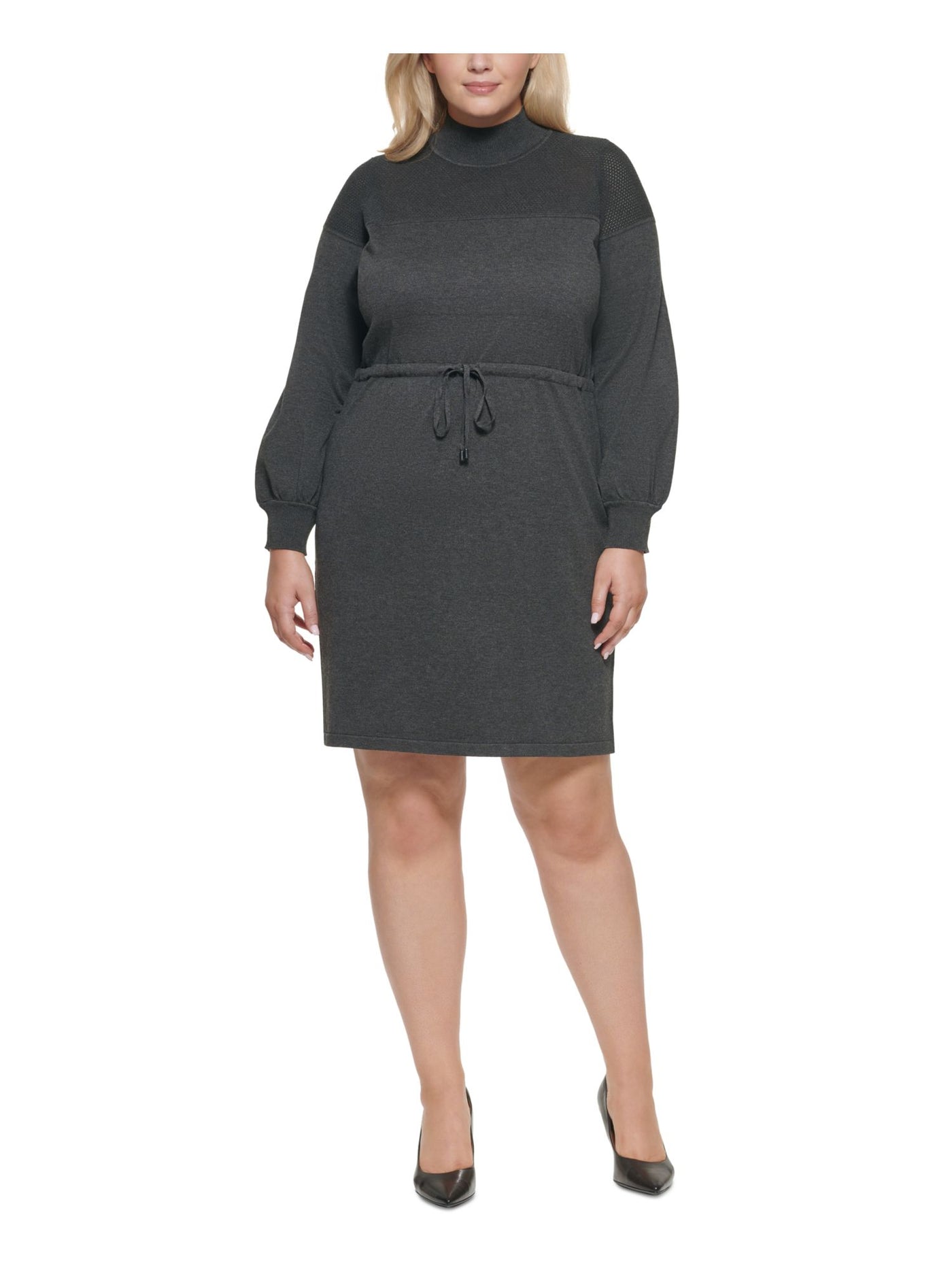 CALVIN KLEIN Womens Gray Ribbed Textured Drawstring Tie Waist Long Sleeve Mock Neck Above The Knee Wear To Work Sweater Dress 3X