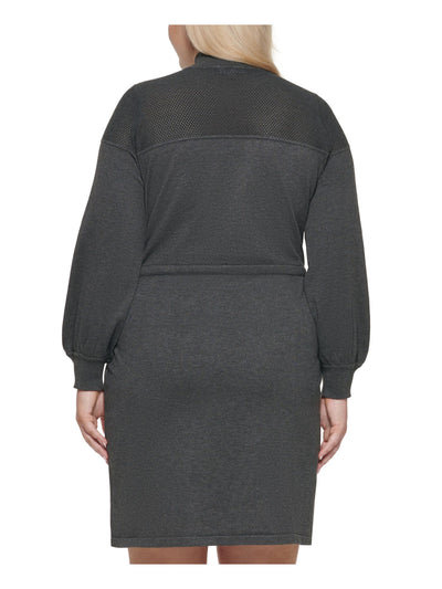 CALVIN KLEIN Womens Ribbed Textured Drawstring Tie Waist Long Sleeve Mock Neck Above The Knee Wear To Work Sweater Dress