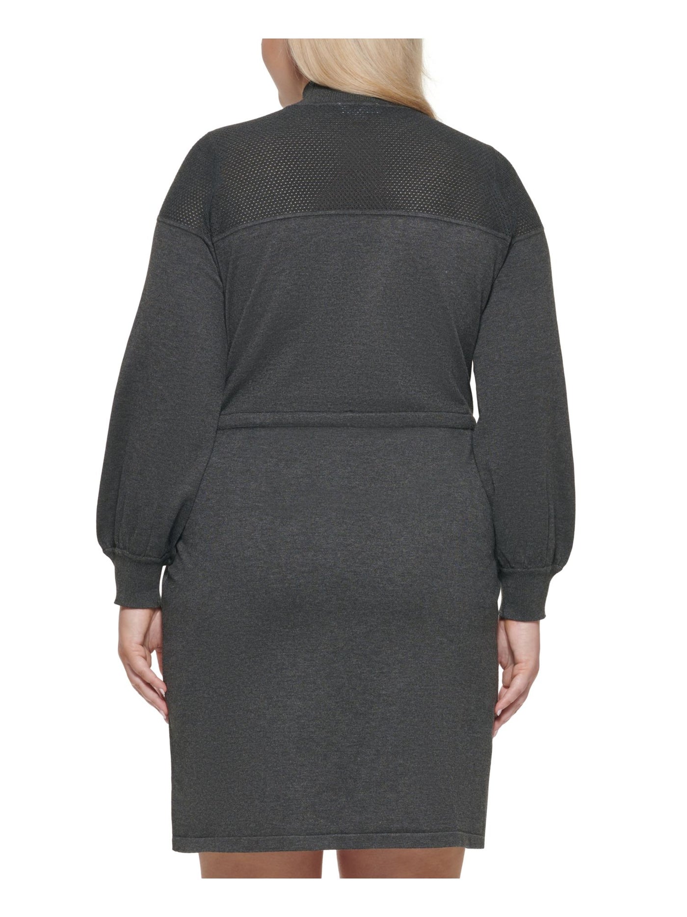CALVIN KLEIN Womens Gray Ribbed Textured Drawstring Tie Waist Long Sleeve Mock Neck Above The Knee Wear To Work Sweater Dress 3X