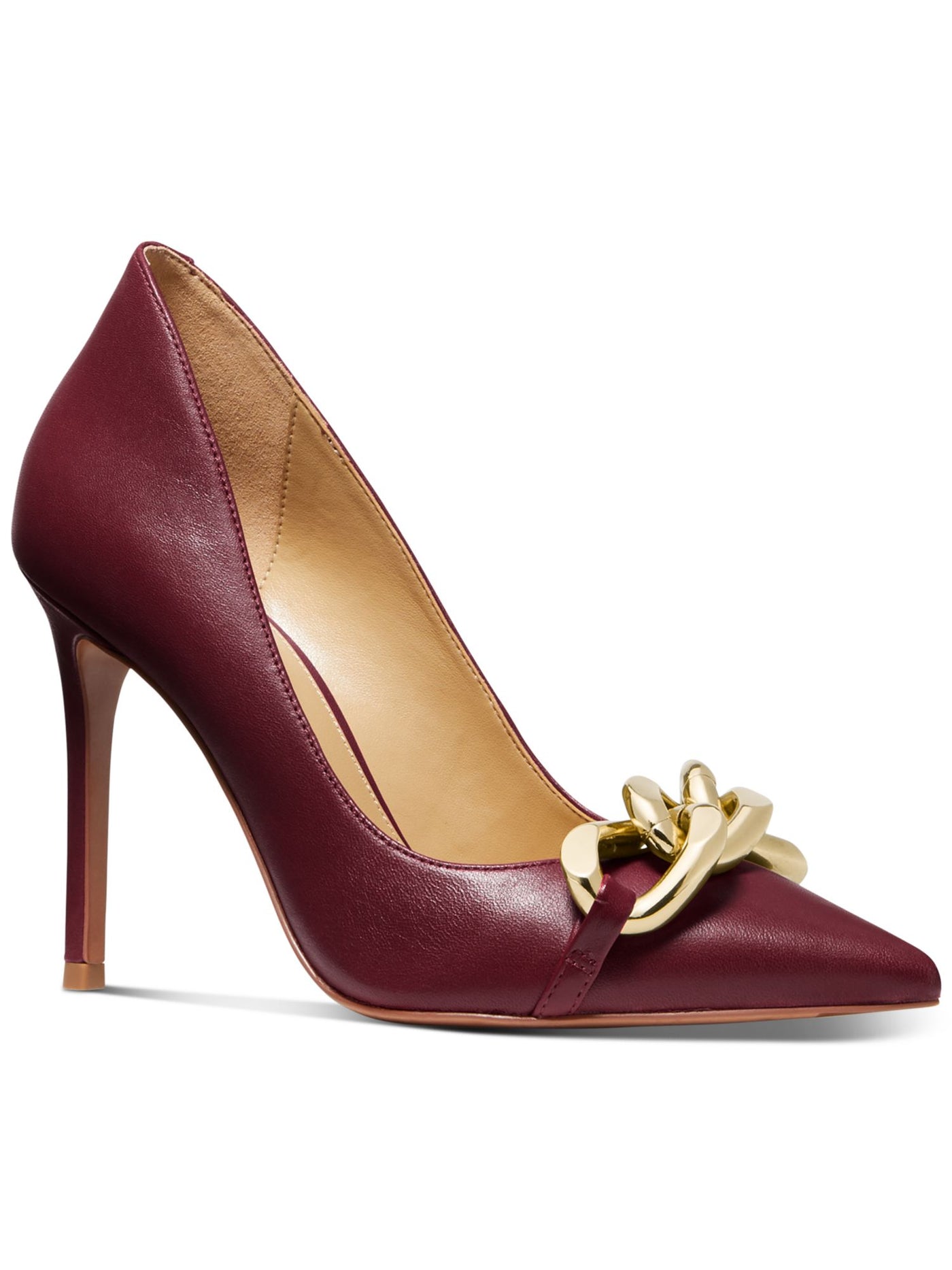MICHAEL MICHAEL KORS Womens Burgundy Chain Accent Cushioned Scarlett Pointed Toe Stiletto Slip On Leather Dress Pumps Shoes 8 M