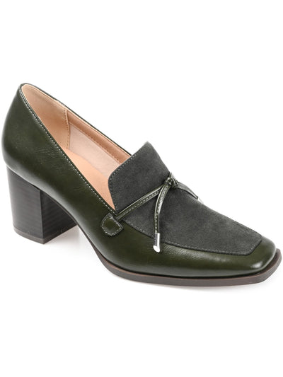 JOURNEE COLLECTION Womens Green Mixed Media Bow Accent Cushioned Crawford Square Toe Block Heel Slip On Dress Heeled Loafers 8.5