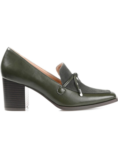 JOURNEE COLLECTION Womens Green Mixed Media Bow Accent Cushioned Crawford Square Toe Block Heel Slip On Dress Heeled Loafers 8.5