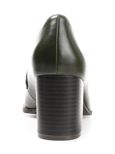 JOURNEE COLLECTION Womens Green Mixed Media Bow Accent Cushioned Crawford Square Toe Block Heel Slip On Dress Heeled Loafers 8.5