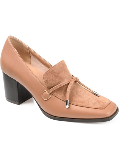 JOURNEE COLLECTION Womens Beige Mixed Media Cushioned Bow Accent Crawford Square Toe Block Heel Slip On Heeled Loafers 8