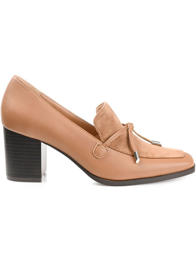 JOURNEE COLLECTION Womens Beige Mixed Media Cushioned Bow Accent Crawford Square Toe Block Heel Slip On Heeled Loafers 8