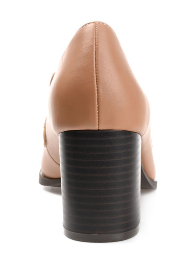 JOURNEE COLLECTION Womens Beige Mixed Media Cushioned Bow Accent Crawford Square Toe Block Heel Slip On Heeled Loafers 8