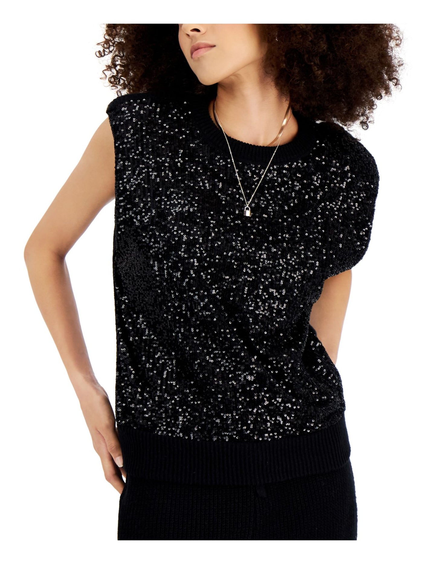INC Womens Black Sequined Ribbed Shoulder Pads Sleeveless Crew Neck Sweater M