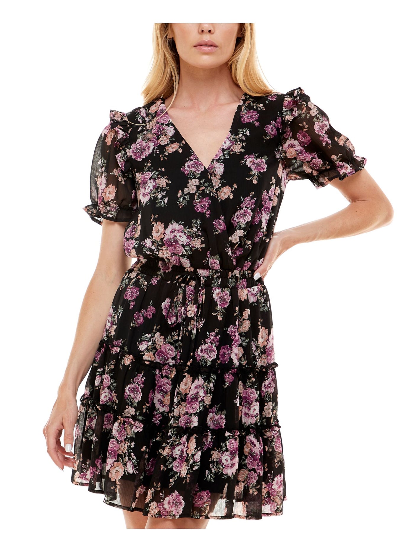 TRIXXI Womens Black Ruffled Tie Tiered Sheer Keyhole Back Lined Floral Pouf Sleeve Surplice Neckline Above The Knee Party Fit + Flare Dress Juniors XS