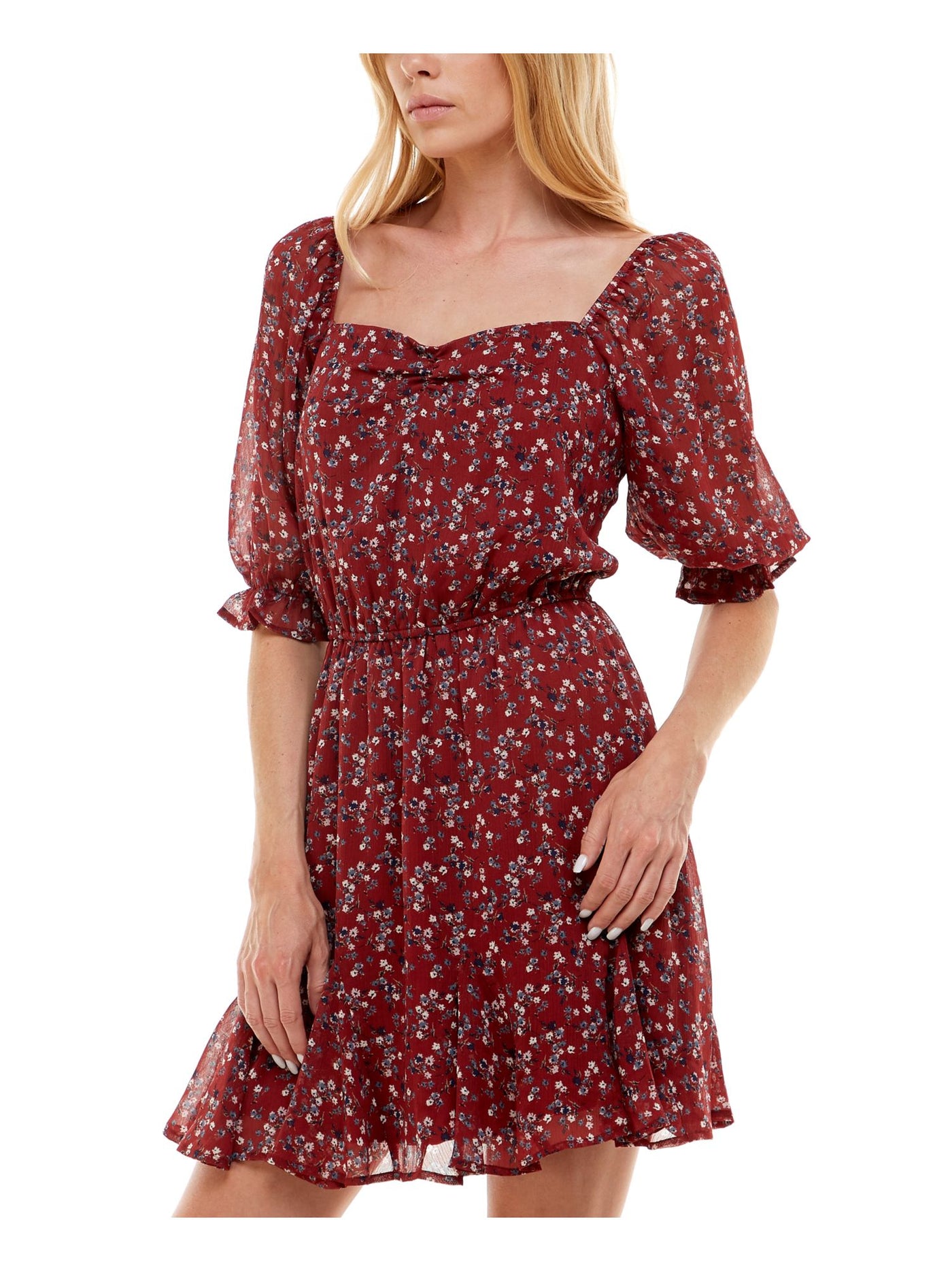TRIXXI Womens Red Floral Balloon Sleeve Square Neck Above The Knee Party Fit + Flare Dress Juniors XL