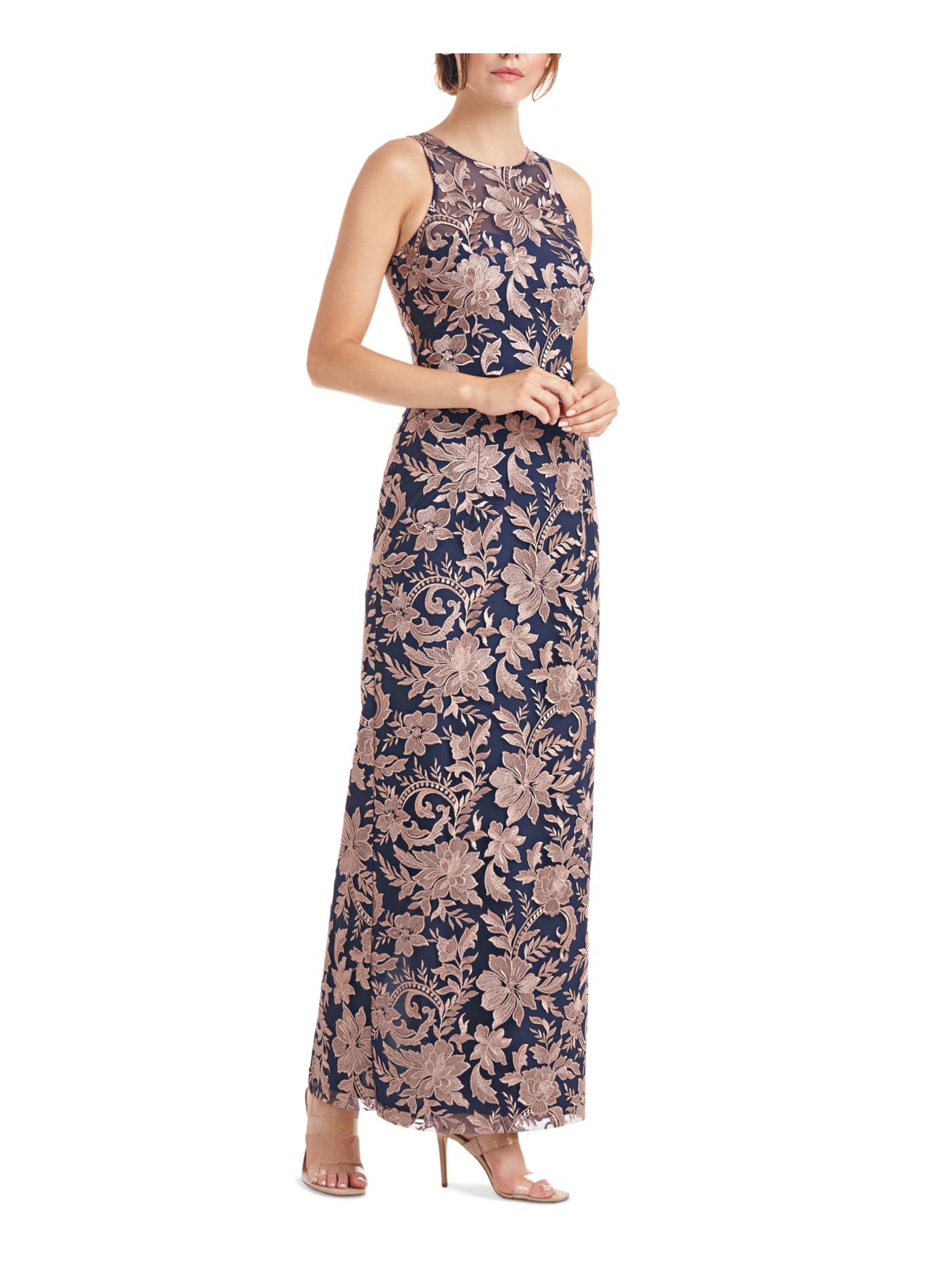 JS COLLECTION Womens Navy Embroidered Zippered Lined Floral Sleeveless Halter Full-Length Party Gown Dress 14