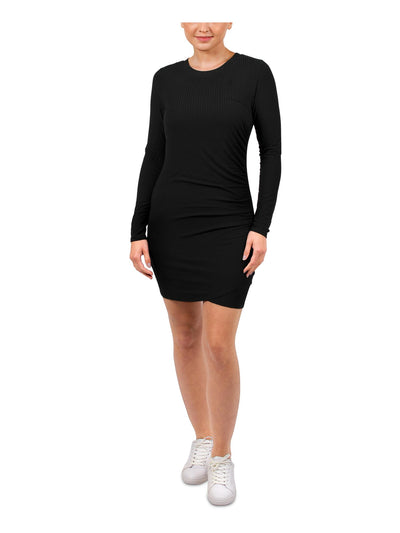 HIPPIE ROSE Womens Black Stretch Ruched Ribbed Wrap Hemline Long Sleeve Scoop Neck Above The Knee Party Body Con Dress L