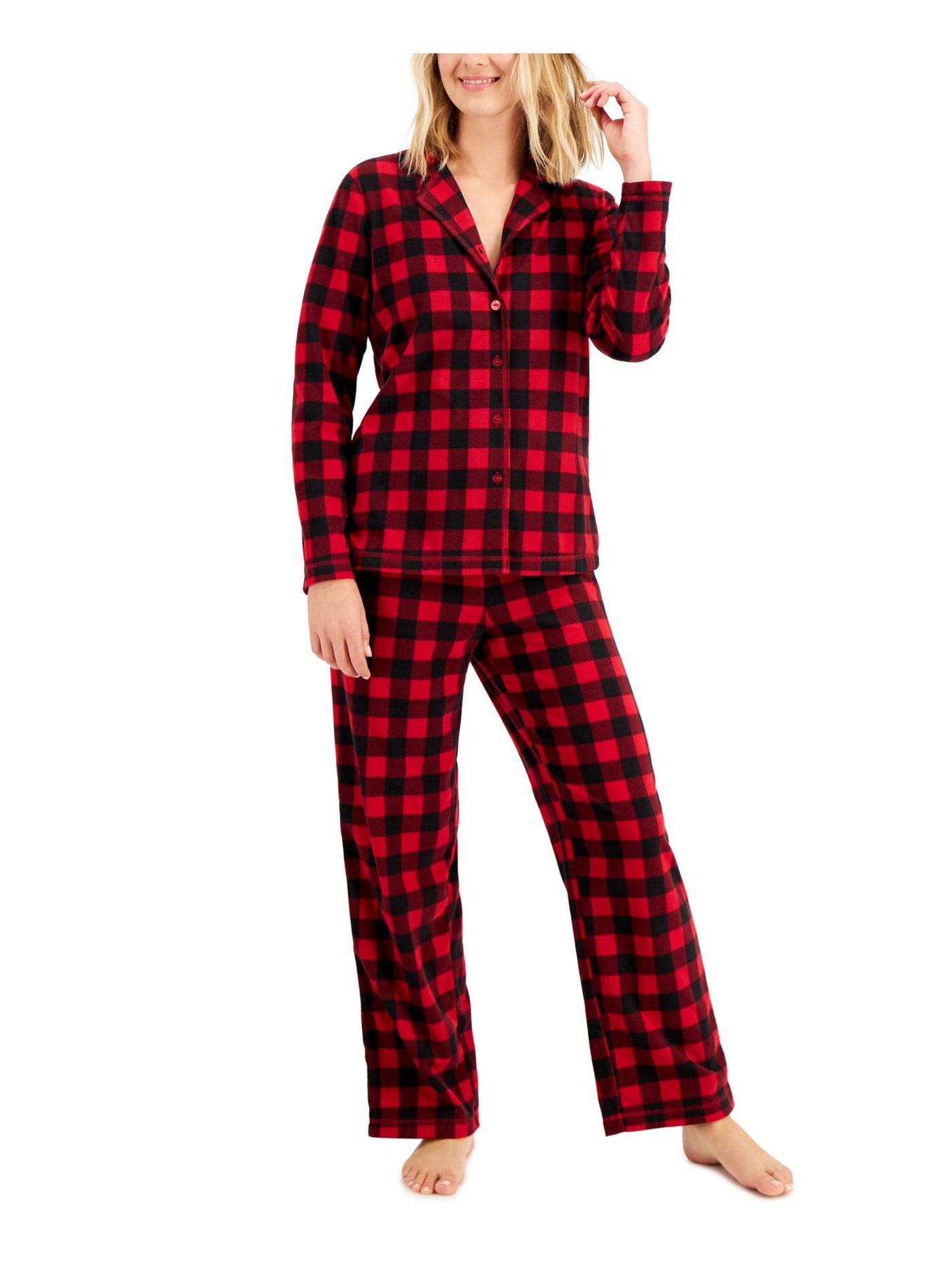 CHARTER CLUB Womens Red Plaid Elastic Band Long Sleeve Button Up Top Wide Leg Pants Fleece Pajamas XXL