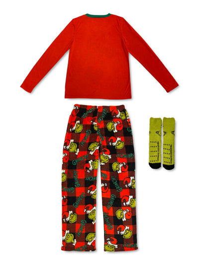 HYBRID APPAREL Womens Red Graphic Top Elastic Band Long Sleeve Straight leg Pants Pajamas L