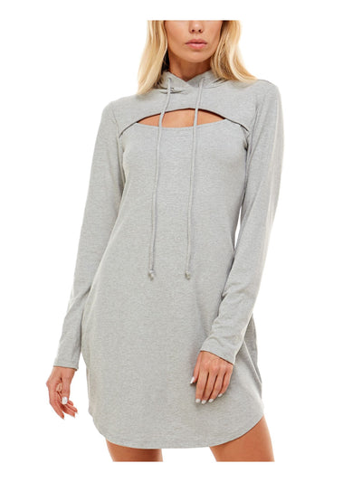 ALMOST FAMOUS Womens Gray Stretch Cut Out Drawstring Hood Heather Long Sleeve Crew Neck Above The Knee Sheath Dress Juniors M