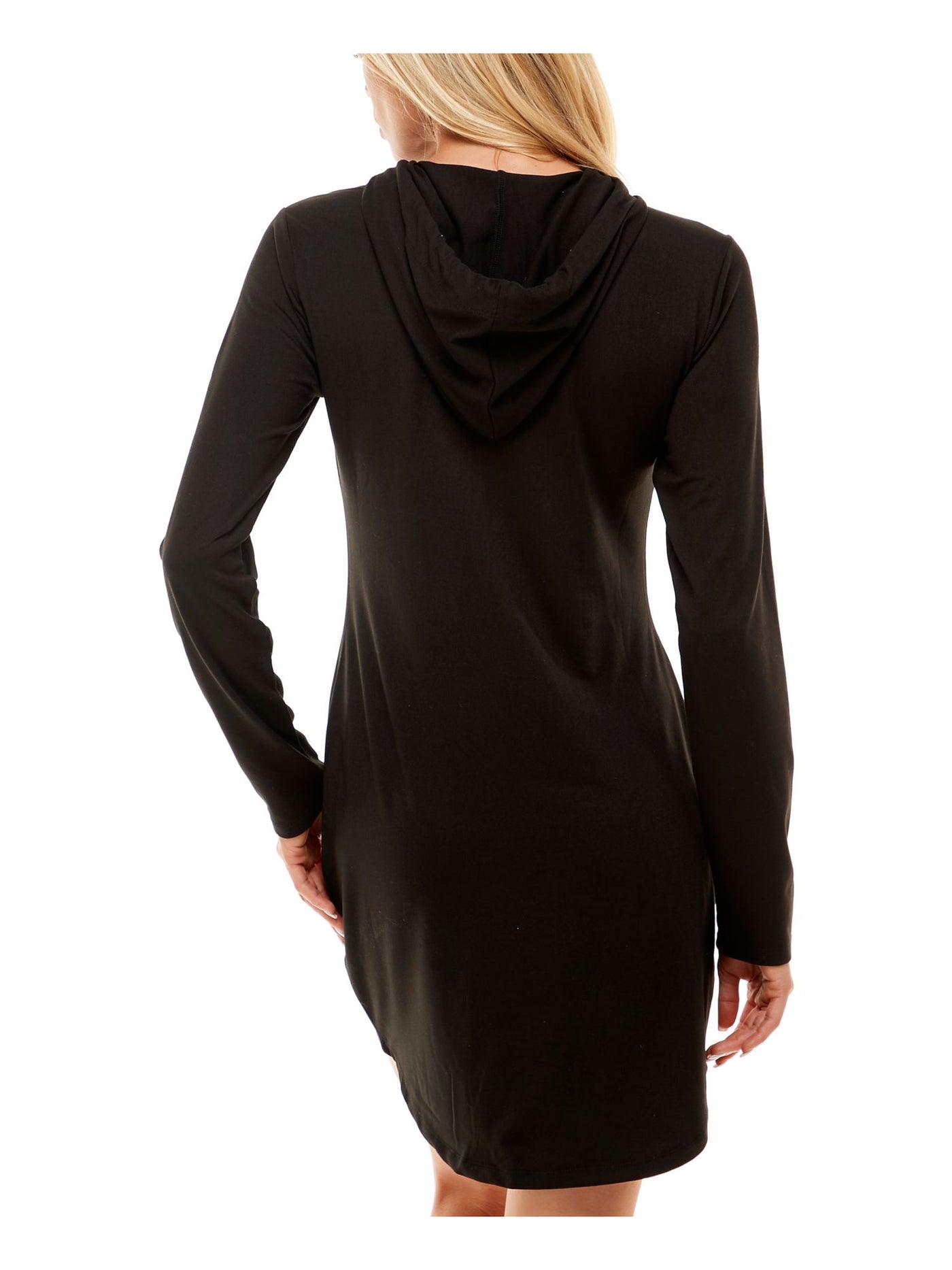 ALMOST FAMOUS Womens Black Stretch Cut Out Drawstring Hood Long Sleeve Crew Neck Above The Knee Fit + Flare Dress S