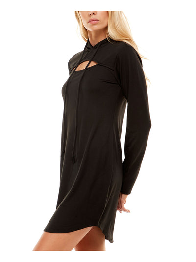 ALMOST FAMOUS Womens Black Stretch Cut Out Drawstring Hood Long Sleeve Crew Neck Above The Knee Fit + Flare Dress S