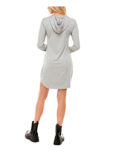 ALMOST FAMOUS Womens Gray Stretch Cut Out Drawstring Hood Heather Long Sleeve Crew Neck Above The Knee Sheath Dress Juniors M