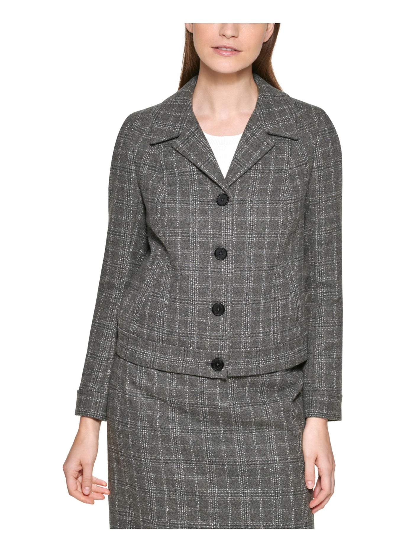 CALVIN KLEIN Womens Gray Pocketed Textured Fitted Plaid Wear To Work Blazer Jacket Petites 2P
