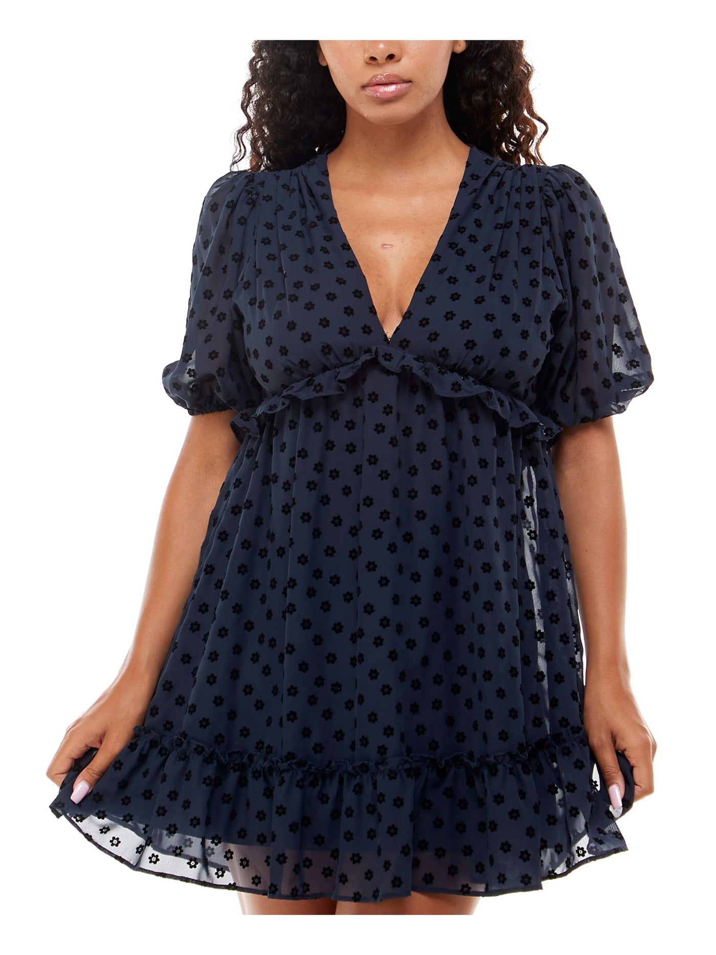 B DARLIN Womens Navy Ruffled Zippered Lined Floral Pouf Sleeve V Neck Mini Party Baby Doll Dress 0