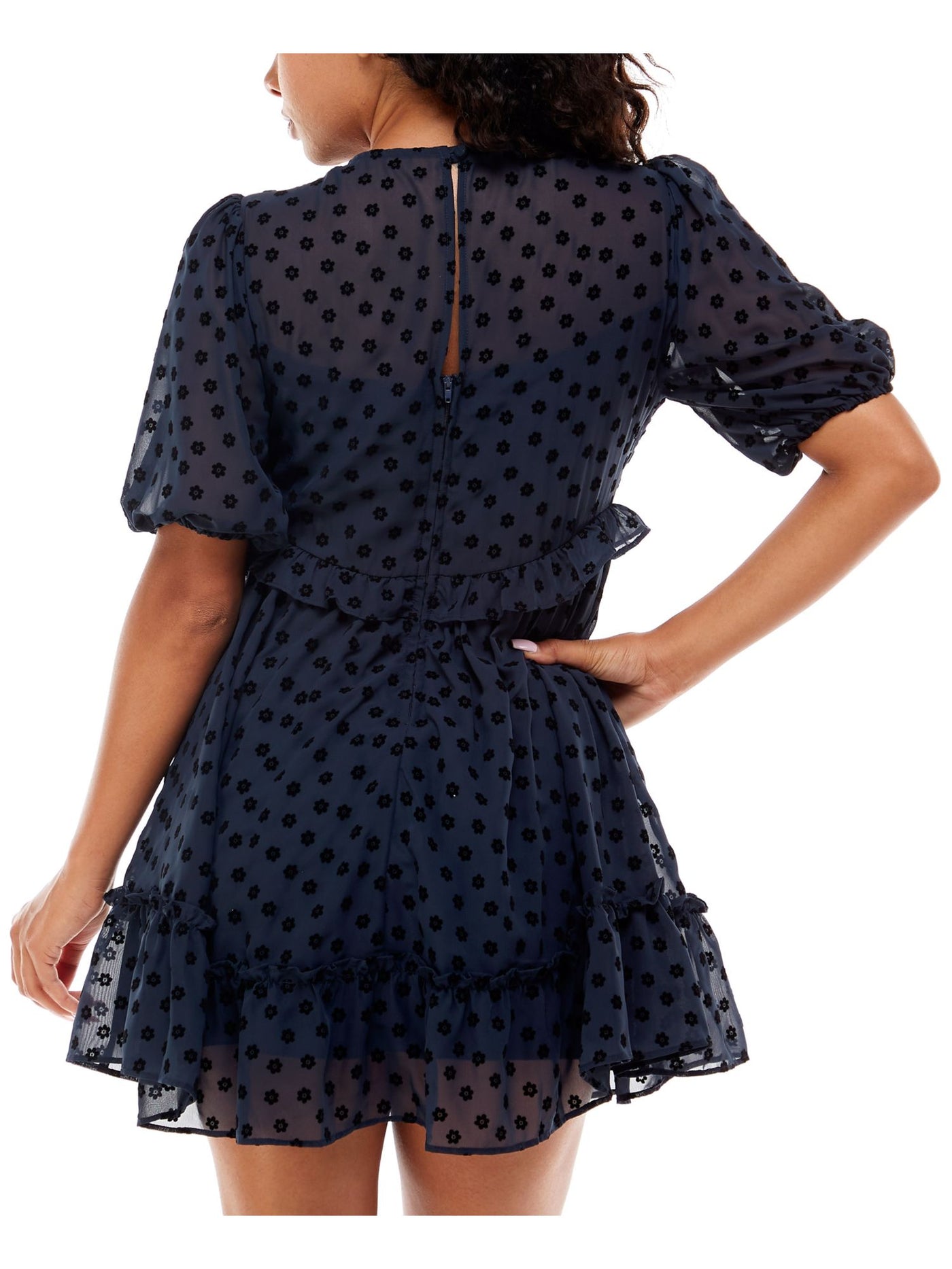 B DARLIN Womens Navy Ruffled Zippered Lined Floral Pouf Sleeve V Neck Mini Party Baby Doll Dress 0