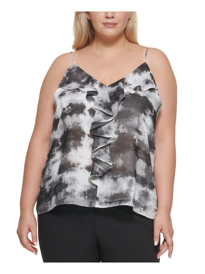 CALVIN KLEIN Womens Gray Ruffled Adjustable Straps Lined Tie Dye Spaghetti Strap V Neck Cami Top Plus 3X