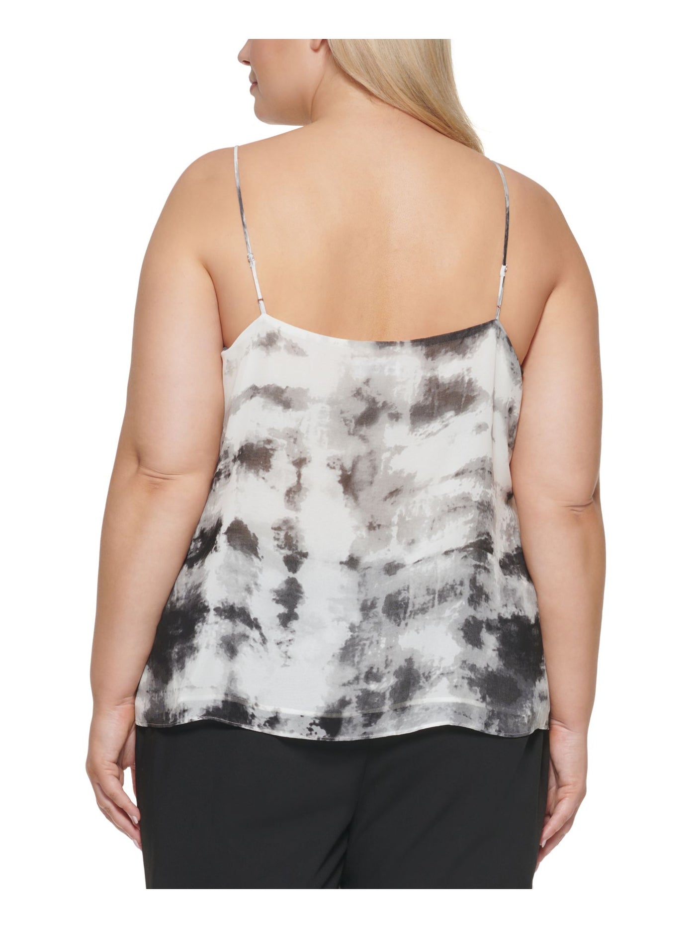 CALVIN KLEIN Womens Black Ruffled Adjustable Straps Lined Tie Dye Spaghetti Strap V Neck Cami Top Plus 1X