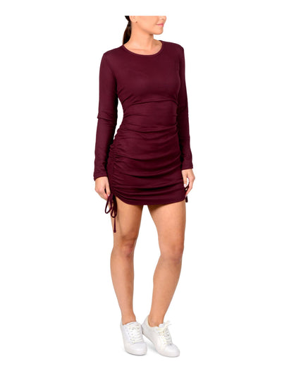 HIPPIE ROSE Womens Burgundy Stretch Ribbed Drawstring Ruching At Sides Long Sleeve Scoop Neck Short Party Body Con Dress S