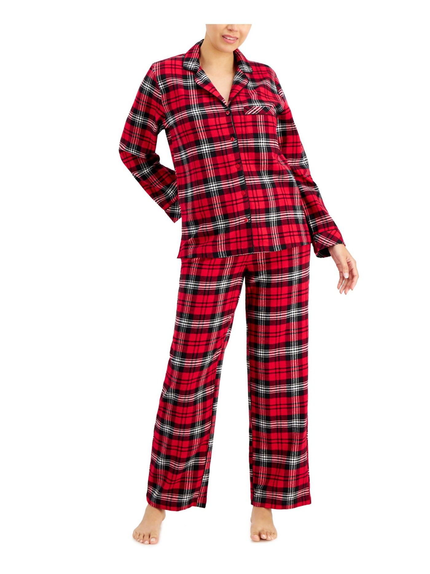 CHARTER CLUB Womens Red Plaid Elastic Band Long Sleeve Button Up Top Straight leg Pants Flannel Pajamas XXL