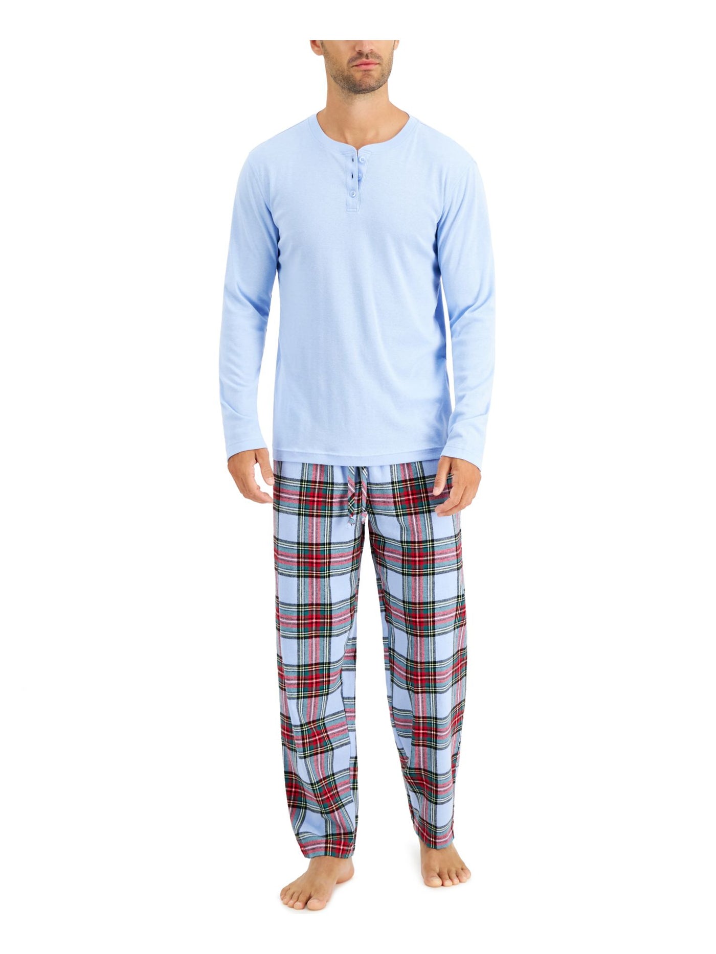 FAMILY PJs Mens Light Blue Top Drawstring Long Sleeve Straight leg Pants Pajamas L