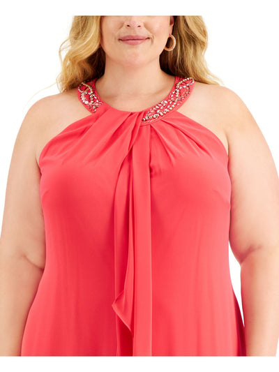 SLNY Womens Coral Embellished Zippered Pleated Lined Sleeveless Halter Below The Knee Party Shift Dress 20W