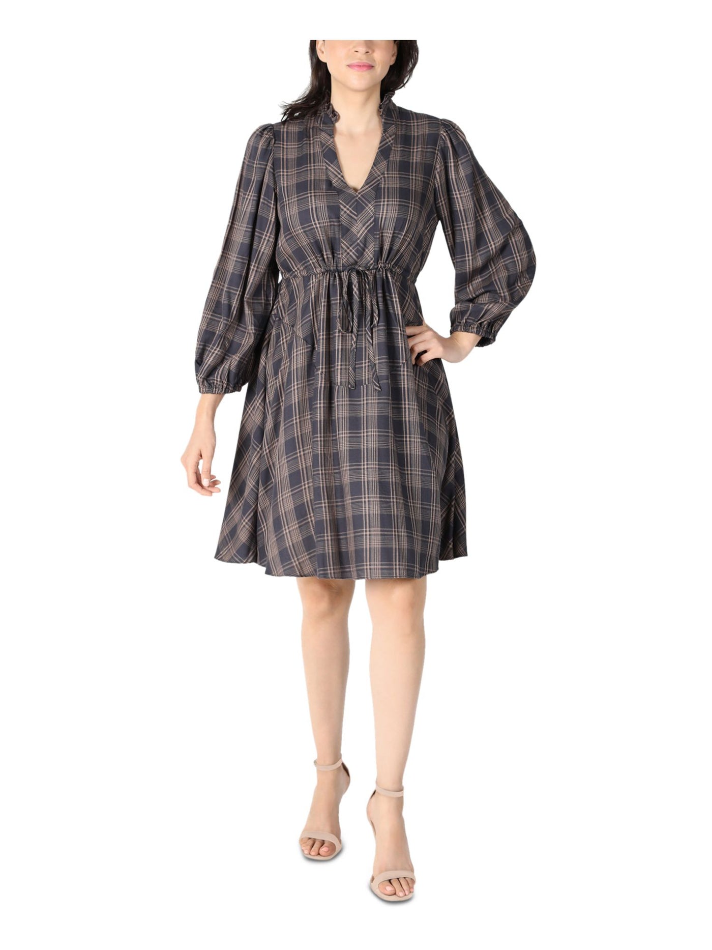 SIGNATURE BY ROBBIE BEE Womens Gray Ruffled Drawstring Waist Unlined Plaid Balloon Sleeve Split Above The Knee Fit + Flare Dress Petites 6P