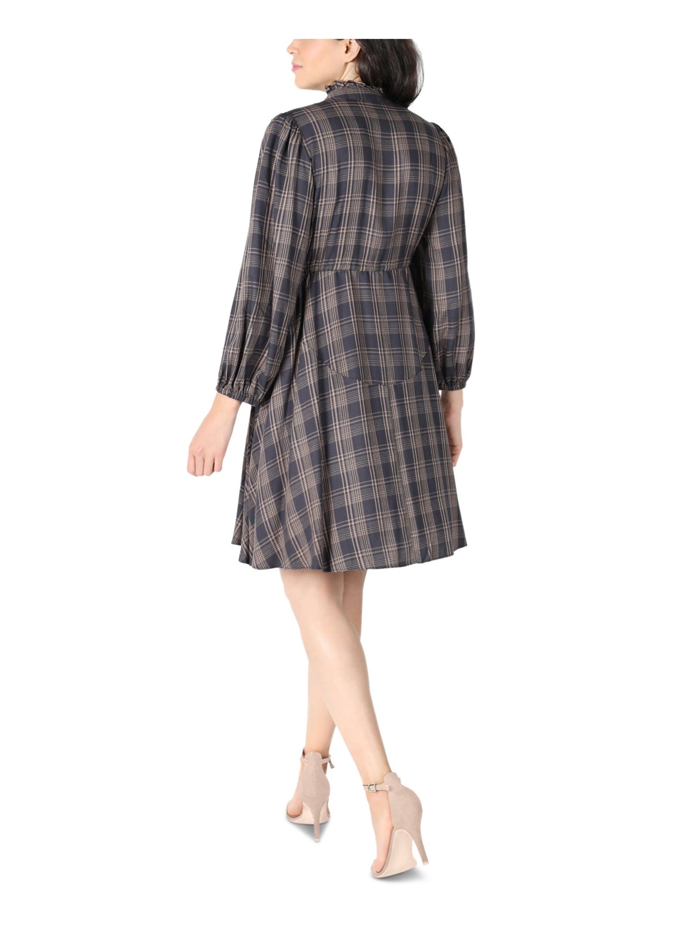 SIGNATURE BY ROBBIE BEE Womens Gray Ruffled Drawstring Waist Unlined Plaid Balloon Sleeve Split Above The Knee Fit + Flare Dress Petites 6P