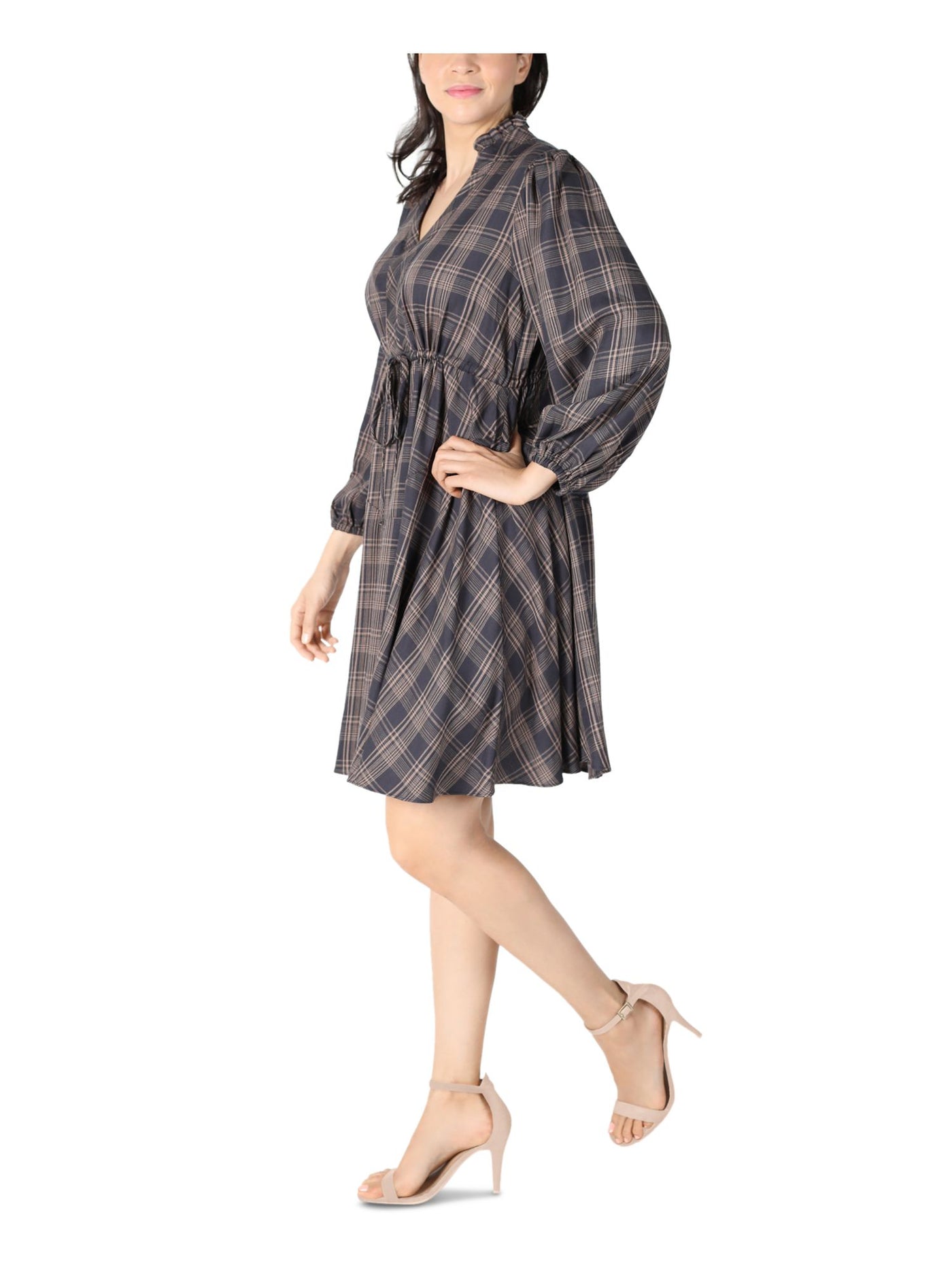 SIGNATURE BY ROBBIE BEE Womens Gray Ruffled Drawstring Waist Unlined Plaid Balloon Sleeve Split Above The Knee Fit + Flare Dress Petites 6P