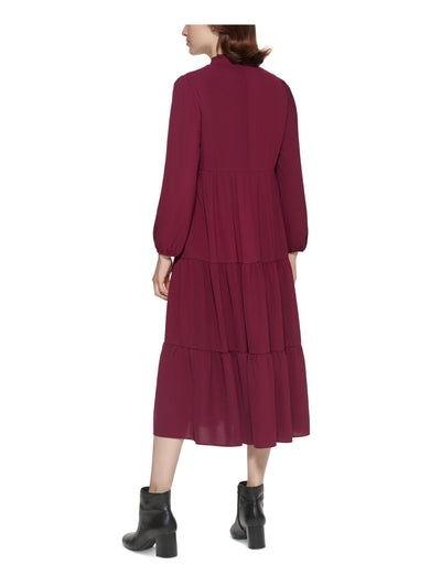 JESSICA HOWARD Womens Burgundy Stretch Ruffled Zippered Lined Tiered Long Sleeve Split Midi Wear To Work Fit + Flare Dress 12