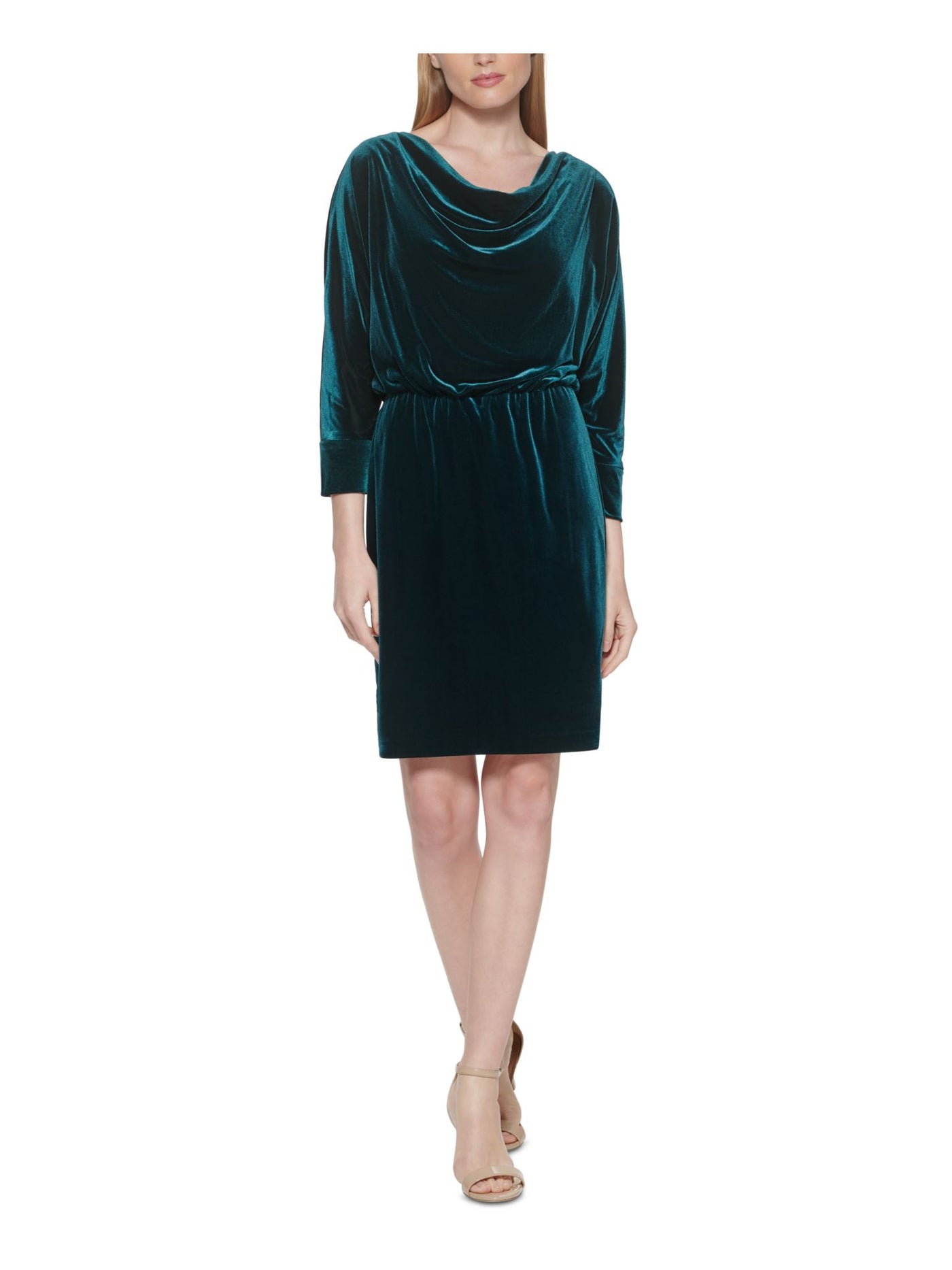 JESSICA HOWARD Womens Green Stretch 3/4 Sleeve Cowl Neck Above The Knee Party Sheath Dress 8