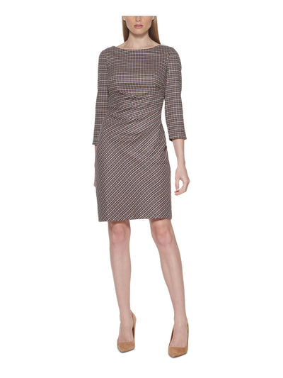 JESSICA HOWARD Womens Brown Zippered Ruched Lined Houndstooth 3/4 Sleeve Boat Neck Above The Knee Wear To Work Sheath Dress 16