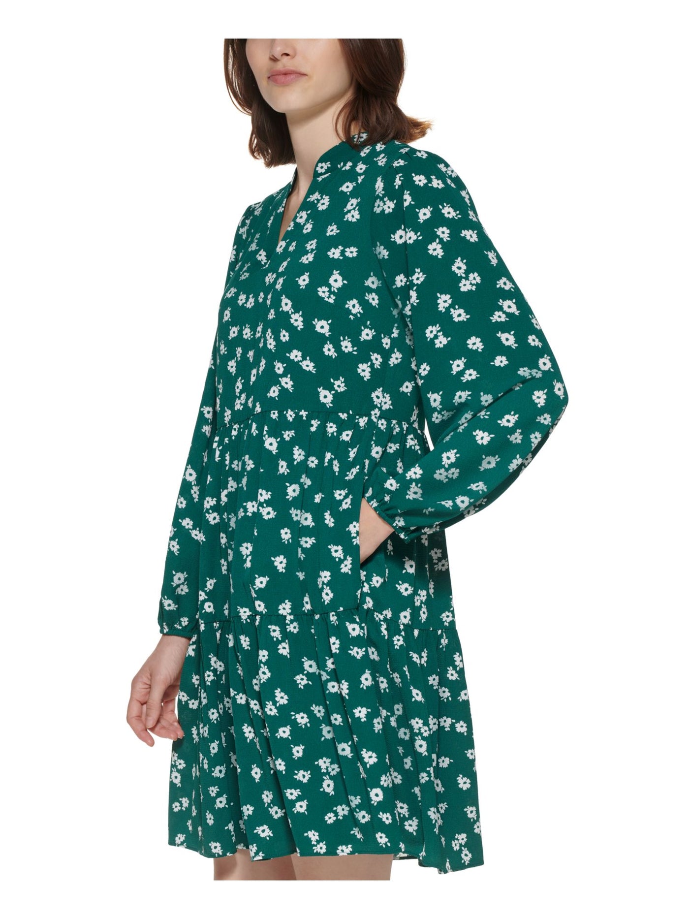 JESSICA HOWARD Womens Green Stretch Zippered Pocketed Scuba Crepe Tiered Skirt Lined Printed Long Sleeve Split Short Baby Doll Dress 6