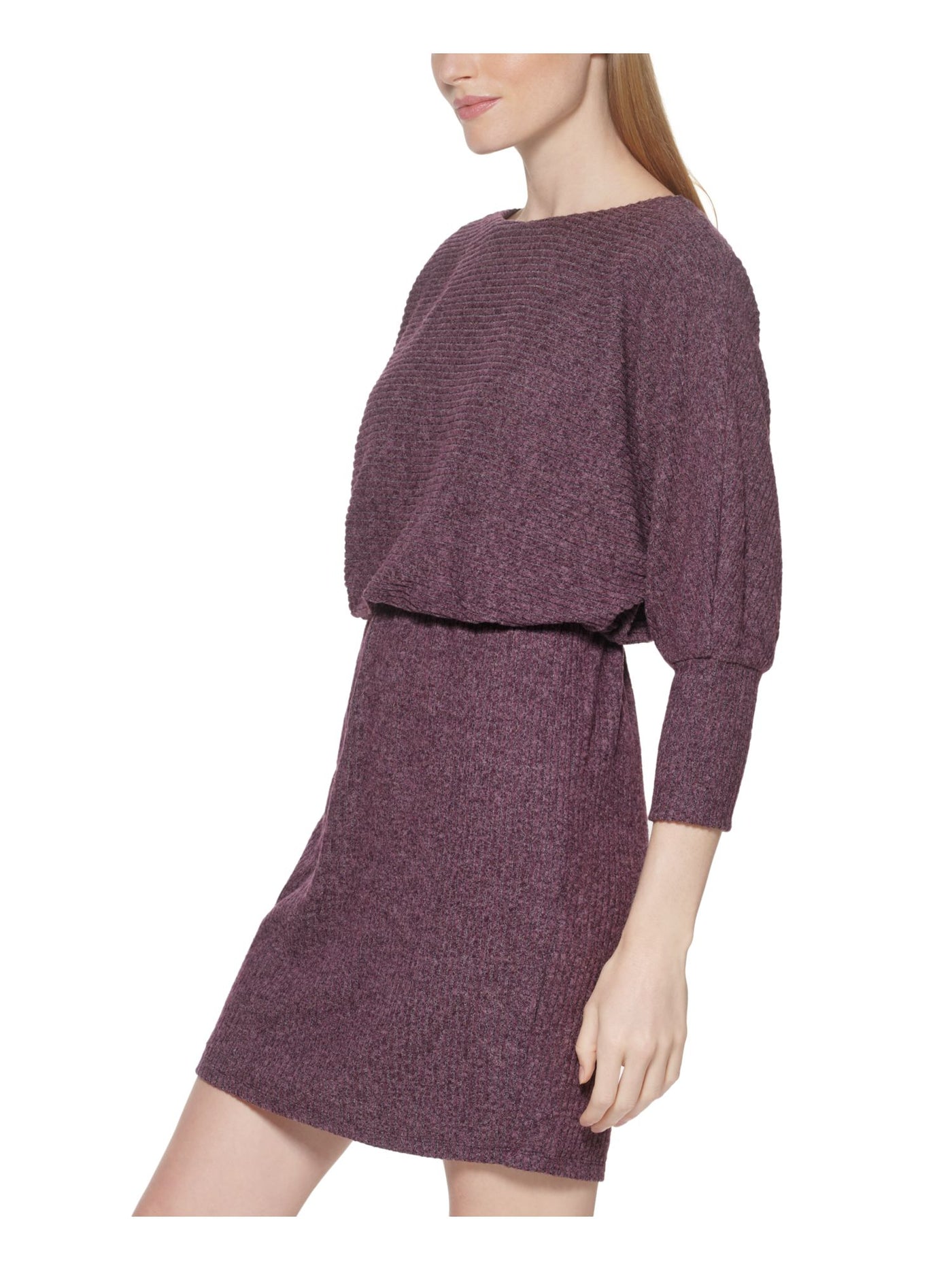 JESSICA HOWARD Womens Purple Knit Ribbed Elasticized Waist Dolman Sleeve Boat Neck Short Wear To Work Blouson Dress 12