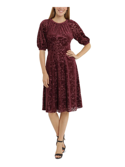 LONDON TIMES Womens Burgundy Zippered Gathered Burnout Velvet Lined Floral Elbow Sleeve Jewel Neck Below The Knee Wear To Work Fit + Flare Dress Petites 10P