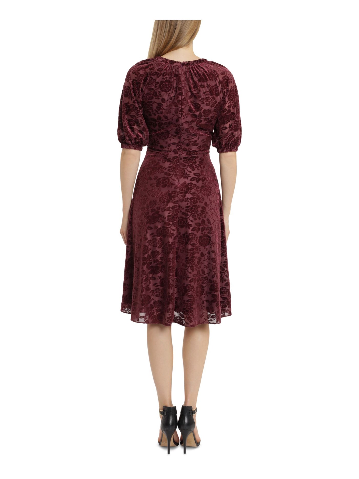 LONDON TIMES Womens Burgundy Zippered Gathered Burnout Velvet Lined Floral Elbow Sleeve Jewel Neck Below The Knee Wear To Work Fit + Flare Dress Petites 8P