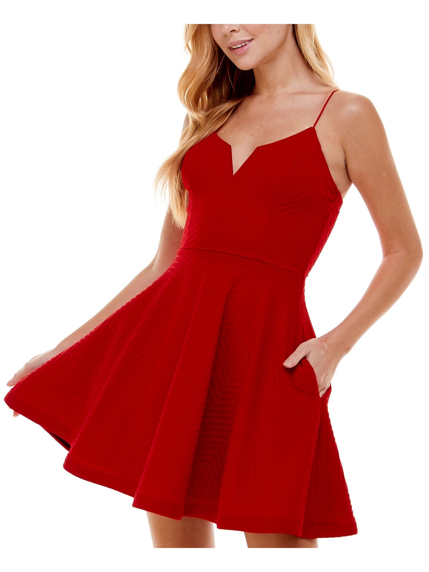 CITY STUDIO Womens Red Pocketed Zippered Lace Up Back Sleeveless V Neck Short Party Fit + Flare Dress 5