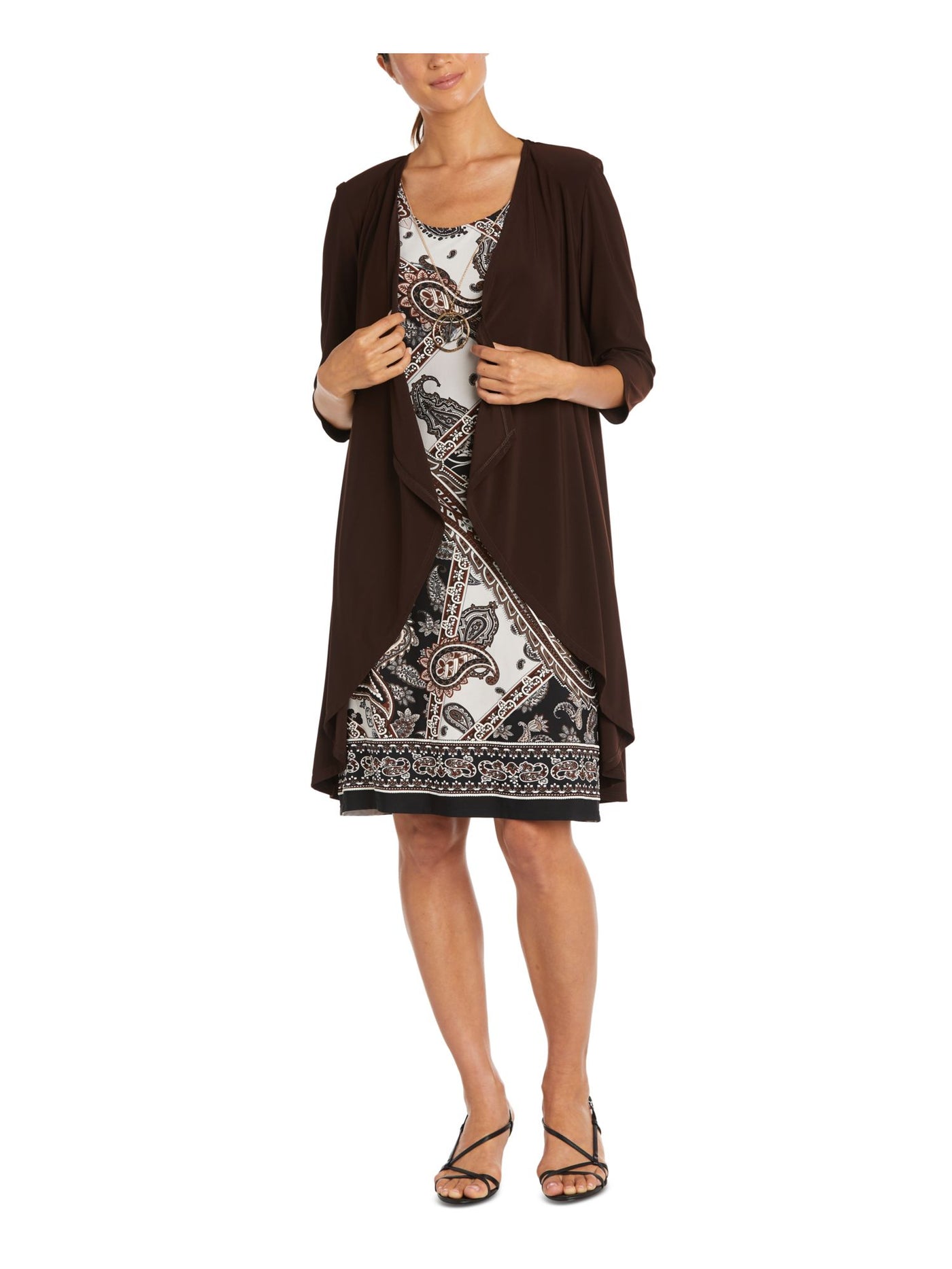 R&M RICHARDS Womens Brown Sheer Open Front Cascade Collar 3/4 Sleeves Wear To Work Duster Jacket 8