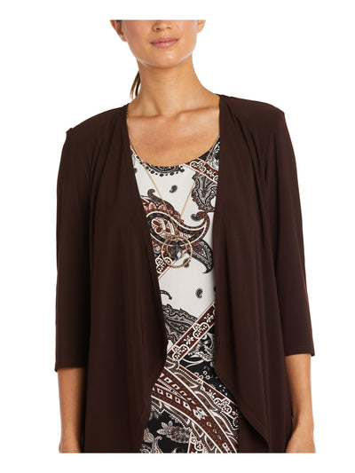 R&M RICHARDS Womens Brown Sheer Open Front Cascade Collar 3/4 Sleeves Wear To Work Duster Jacket 8
