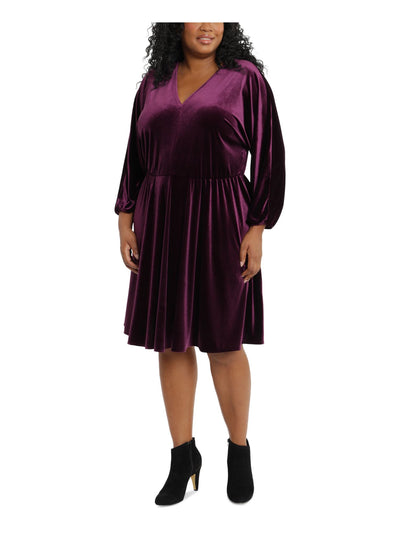 LONDON TIMES WOMAN Womens Purple Stretch Balloon Sleeve V Neck Knee Length Evening Fit + Flare Dress Plus 1X