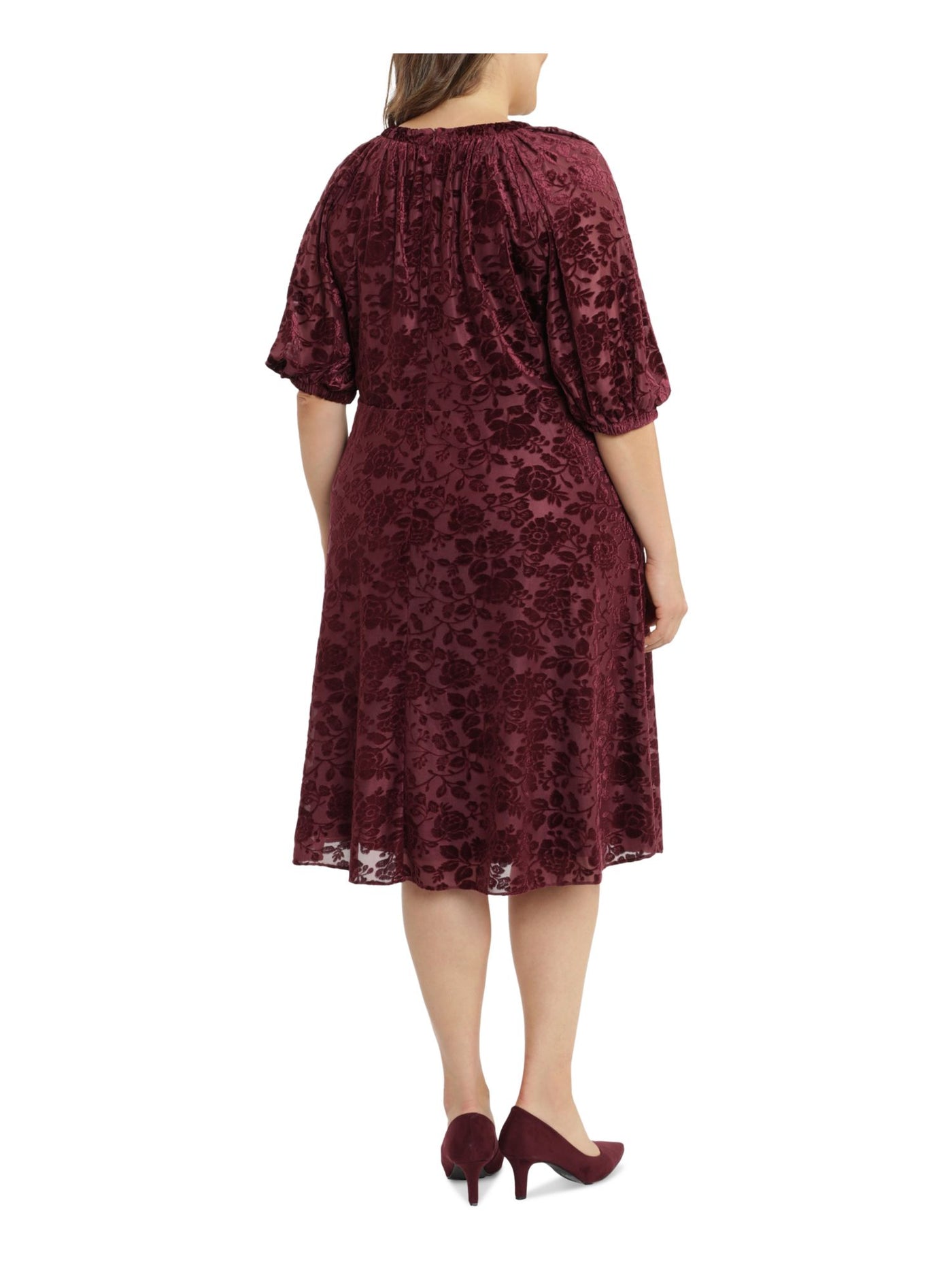 LONDON TIMES Womens Maroon Stretch Zippered Pleated Lined Burnout Velvet Floral Elbow Sleeve Round Neck Midi Formal Fit + Flare Dress Plus 22W