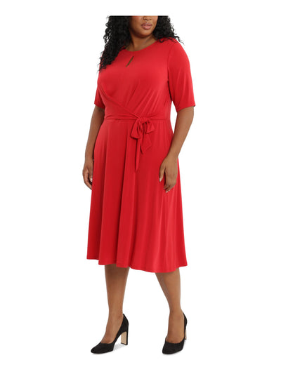 LONDON TIMES Womens Red Jersey Tie Elbow Sleeve Keyhole Knee Length Shift Dress Plus 20W