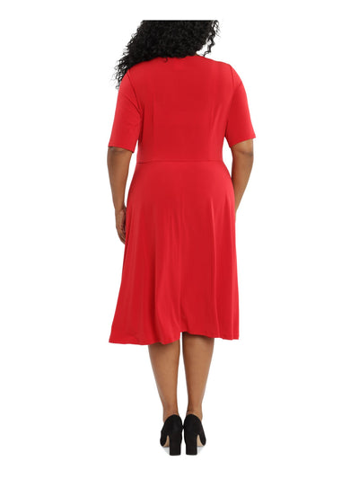 LONDON TIMES Womens Red Jersey Tie Elbow Sleeve Keyhole Knee Length Shift Dress Plus 14W