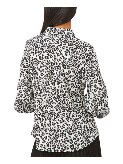 RILEY&RAE Womens White Gathered Tie Curved Hem Animal Print Cuffed Sleeve Collared Wear To Work Button Up Top XL
