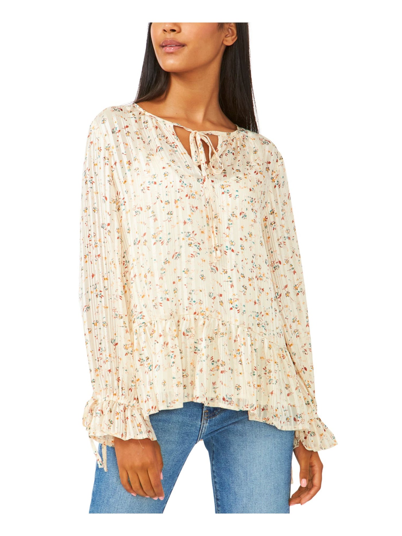 RILEY&RAE Womens Beige Tie Ruffled Keyhole Front Floral Long Sleeve Round Neck Top S