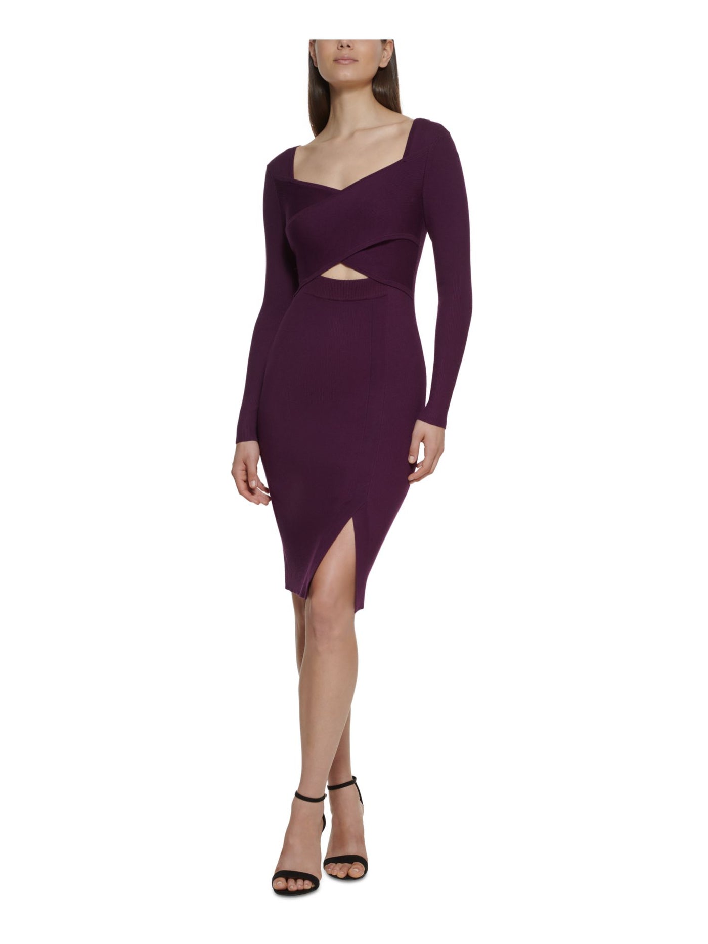 GUESS Womens Purple Knit Cut Out Ribbed Slitted Stretch Pull-on Style Long Sleeve Surplice Neckline Knee Length Cocktail Body Con Dress L